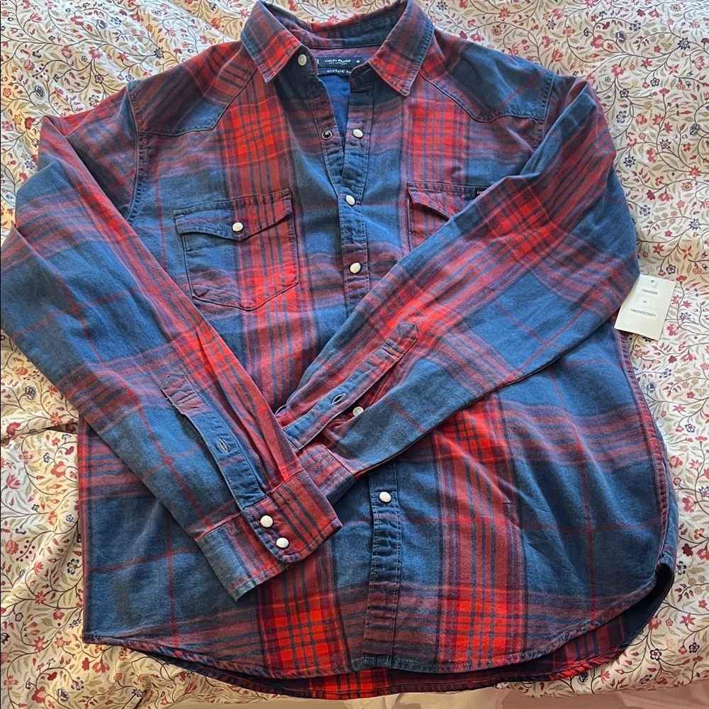 Lucky Brand Men's Plaid Shirt - Red and Blue with Snap Buttons